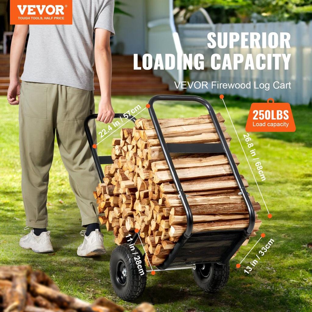 Firewood Log Cart, 113.4 kg Capacity, Outdoor and Indoor Wood Rack Storage Mover with PU Wheels & Waterproof Cloth, Heavy Duty Steel Dolly Hauler,