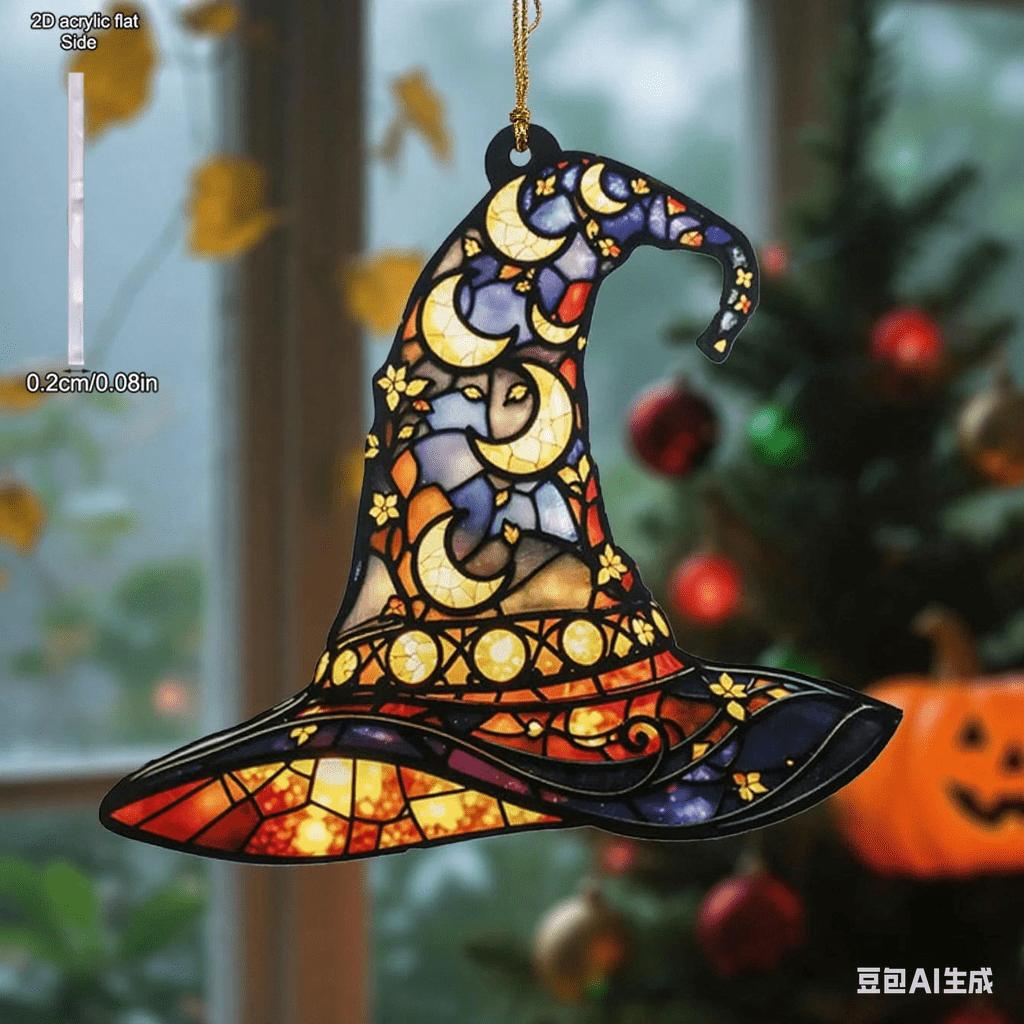 1pc Halloween Witch Hat Window Hanging Acrylic Sun Catchers Hat Shaped with Moon & Floral Pendant Wall Decortions, Four Seasons Decoration