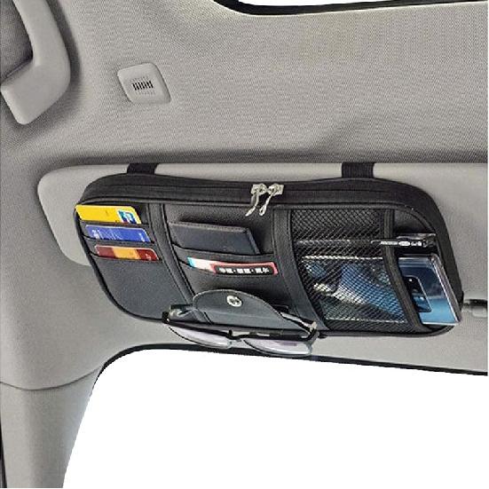 Da by Car Sun Visor Organizer, Multi-Pocket Trucks with Double Zippers, Elastic Bands & Glasses Clip - Organizes Essentials Keep Tidy (Cream Grey)