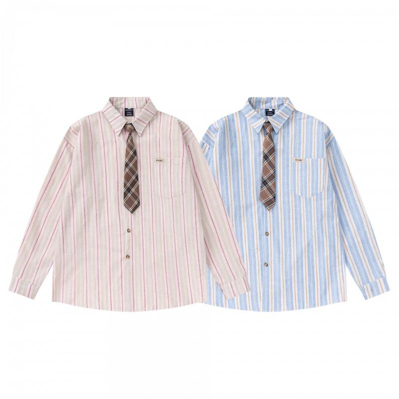 Japanese Vintage Plaid Tie Striped Shirt Loose Fit Couple Casual Top Teens