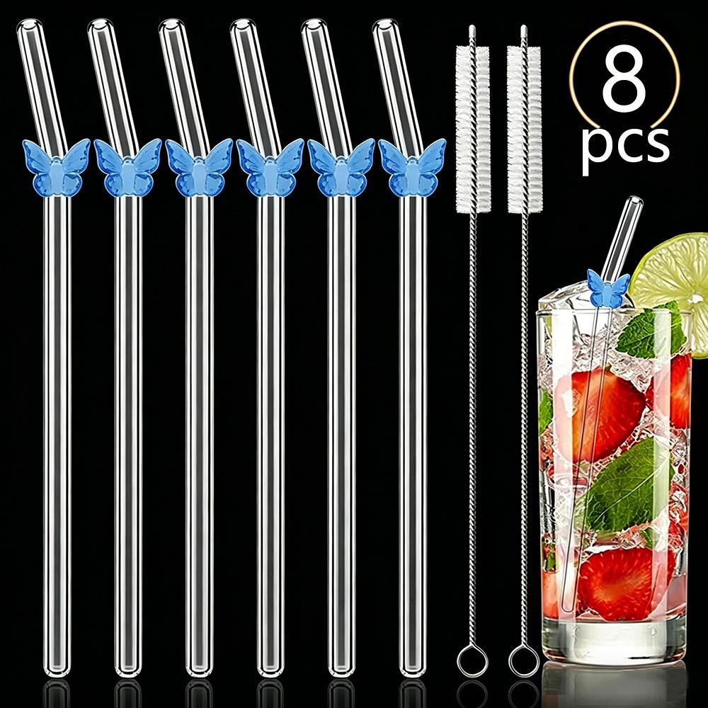 8 Stück Glasstrohhalme mit Schmetterlingsdesign und Bürste 200*8mm Wiederverwendbares Trinkhalm-Set Milchshakes Cocktail Kaffee-Strohhalme Haushalts-Bar-Zubehör