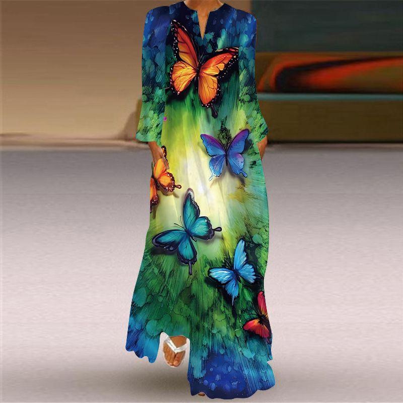Butterfly Pattern Print Long Sleeve Dress Spring/Summer Thin Silm Slim Looking Dress Stage Photo Catwalk Performance Wear