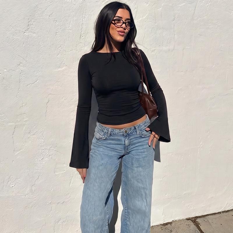 Top Corto de Manga Larga Burdeos para Mujer, Camiseta Ajustada de Cuello Redondo con Mangas Acampanadas, Top Ajustado Casual Y2K para Streetwear