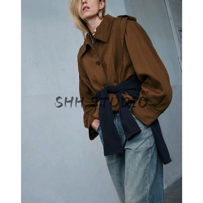 Autumn New Women's Clothing French Style Design Short Lapels Long Sleeves Pleated Strap Decoration Outwear 8091427
