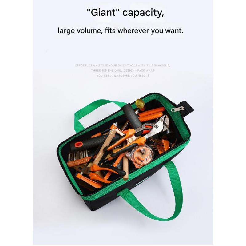 Portable Tool Storage Bag 600D Cloth Feature Wide Mouth Opening Smooth Zipper Closure Comfortable Handle Large Capacity Size 12x5.7in