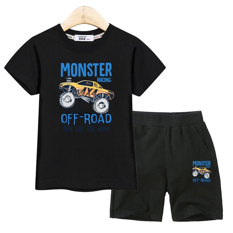 Set Abbigliamento Estivo per Bambini Camicia Monster Truck Pantaloncini Sportivi Costumi a Manica Corta per Bambini Outfit 2 Pezzi