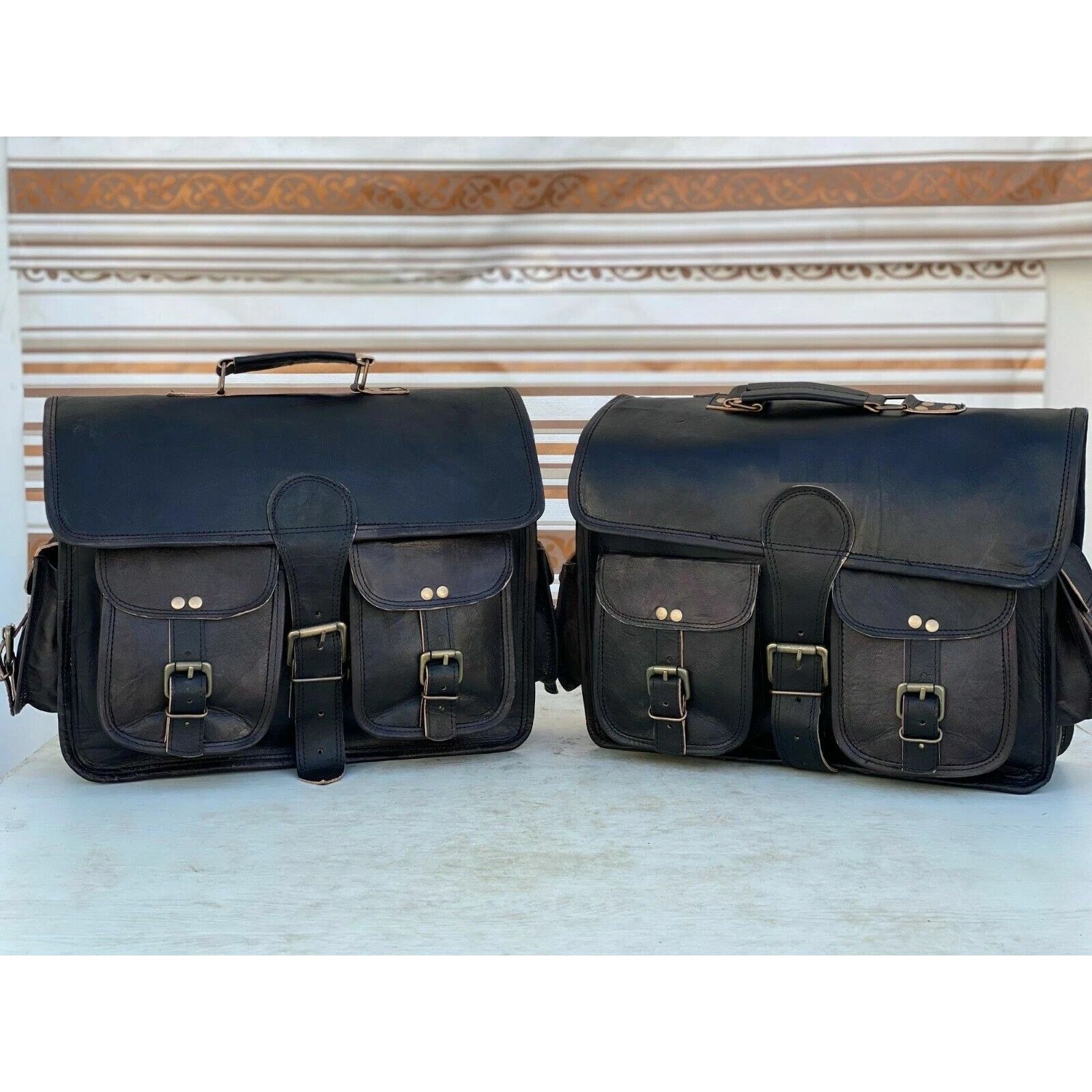 

Leather 2 Luggage (Extra Large Black Bags) Motorcycle Side Saddlebags 15 x 11 x 5 in