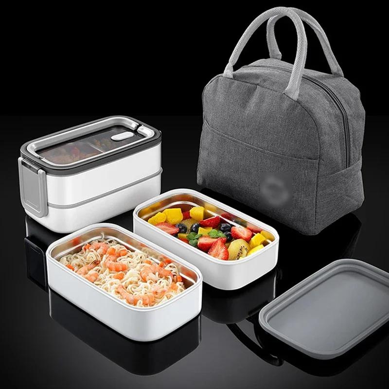 Stainless Steel Lunch Box 2 Layers Insulated Bento Box with Thermal Bag Microwavable Portable Food Container for Office School