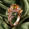 Plant Female Yellow Green White Zircon Stone Engagement Flower Ring Vintage Rose Gold Color Wedding Fashion Jewelry For Women