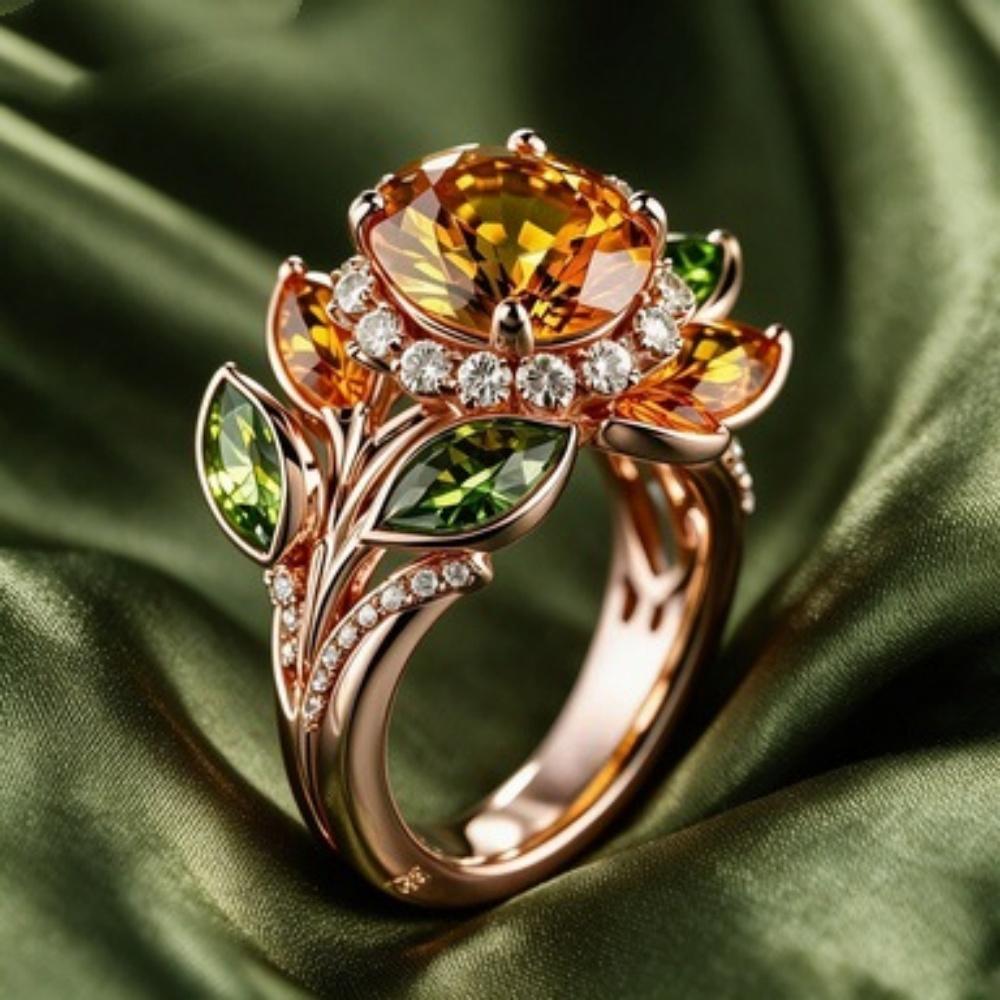 Plant Female Yellow Green White Zircon Stone Engagement Flower Ring Vintage Rose Gold Color Wedding Fashion Jewelry For Women