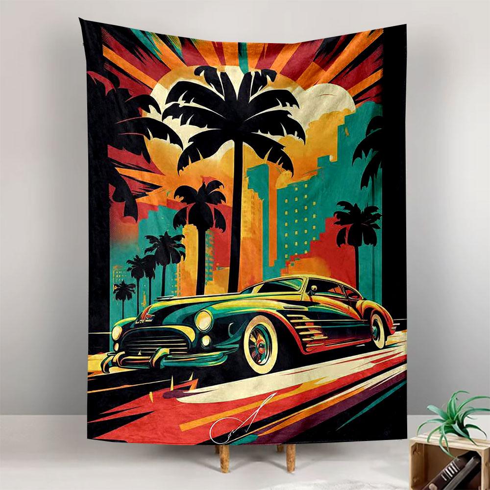 Vintage Wall Tapestry Retro Classic Coupe Car Palm Trees City Skyline Sunburst Poster Decor for Bedroom Gift