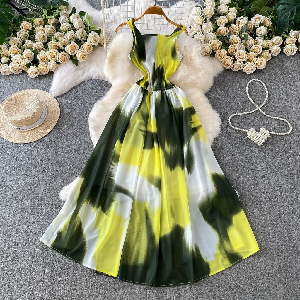 Charming and Elegant Vacation-Style Square-Neck Spaghetti-Strap Dress for Women Summer Dopamine Print A-Line Maxi Dress