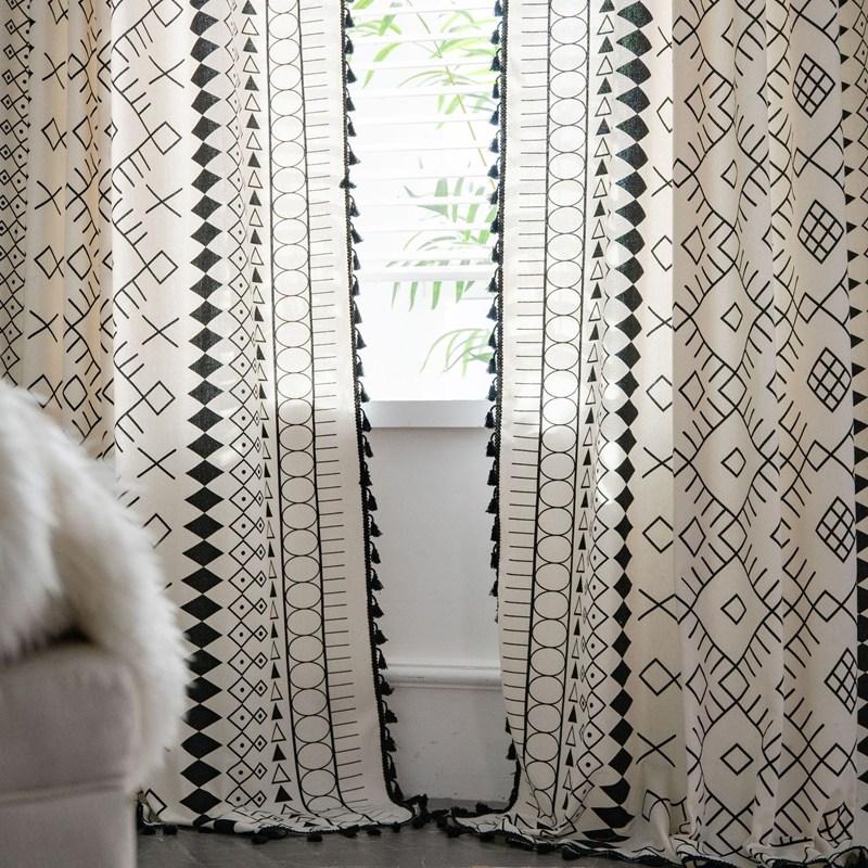 Cotton Linen Geometry Printing Window Curtains Bohemian Style Deco Tassel Drapes Living Room Bedroom Kitchen Valance