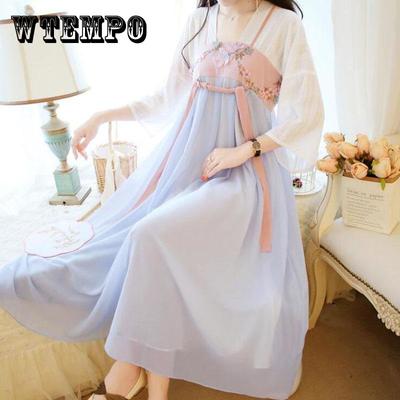 Vestido de verano de la dinastía Han, mejorado, estilo chino, para estudiantes, bordado, antiguo, de hada, cintura alta, manga media, falda larga de gasa.