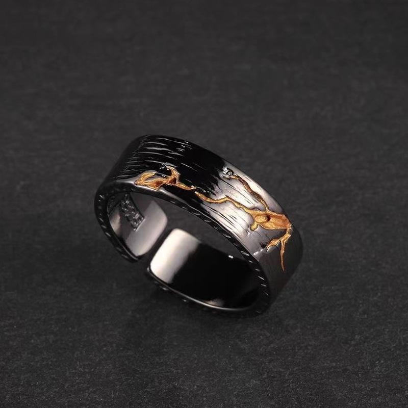 Personlity Adjustable Ring Male Copper Jewelry Opening Size Popular Gold Black Collision Lava Ring For Men Anniversaty Gift