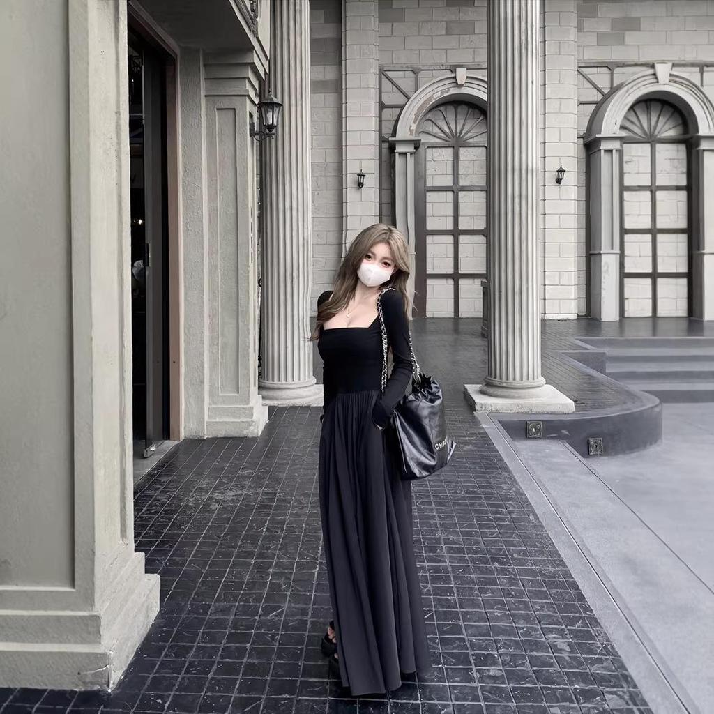 Elegant Square Neck A-Line Dress - Women's Early Spring 2026 Arrival, Long Sleeve, Waist-Cinched Fake Two-Piece Design.