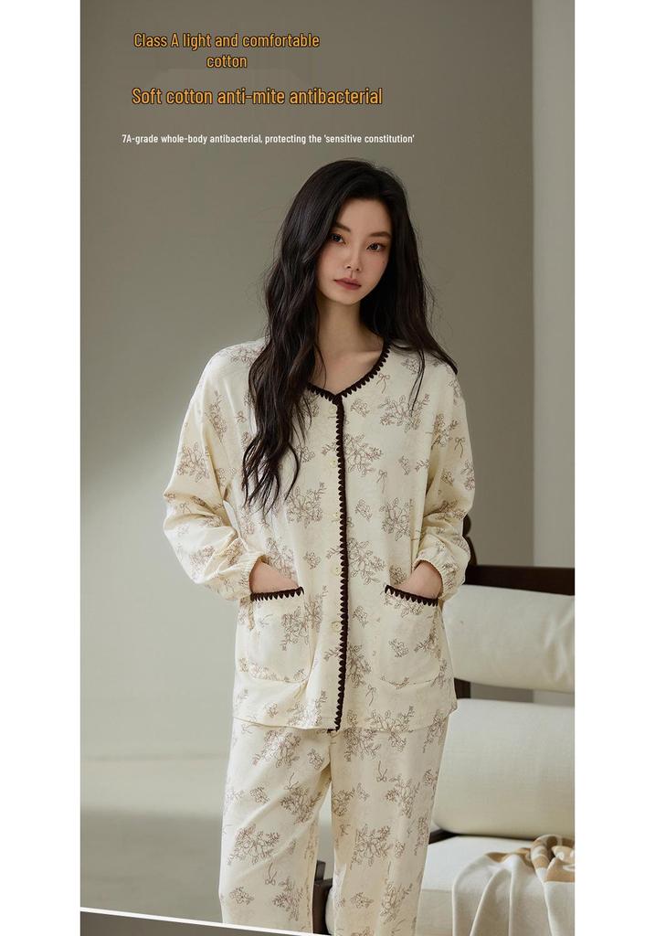 Klasse A Antibakterielles Baumwoll-Pyjama-Set für Damen - Langarm, Lange Hose, Revers-Cardigan Zweiteilig Hauskleidung