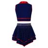 Kids Cheerleading Competition Wear V Neck Crop Top Rhinestone Trim Sleeveless with Built-in Shorts and Asymmetrical Ruffled Skirt