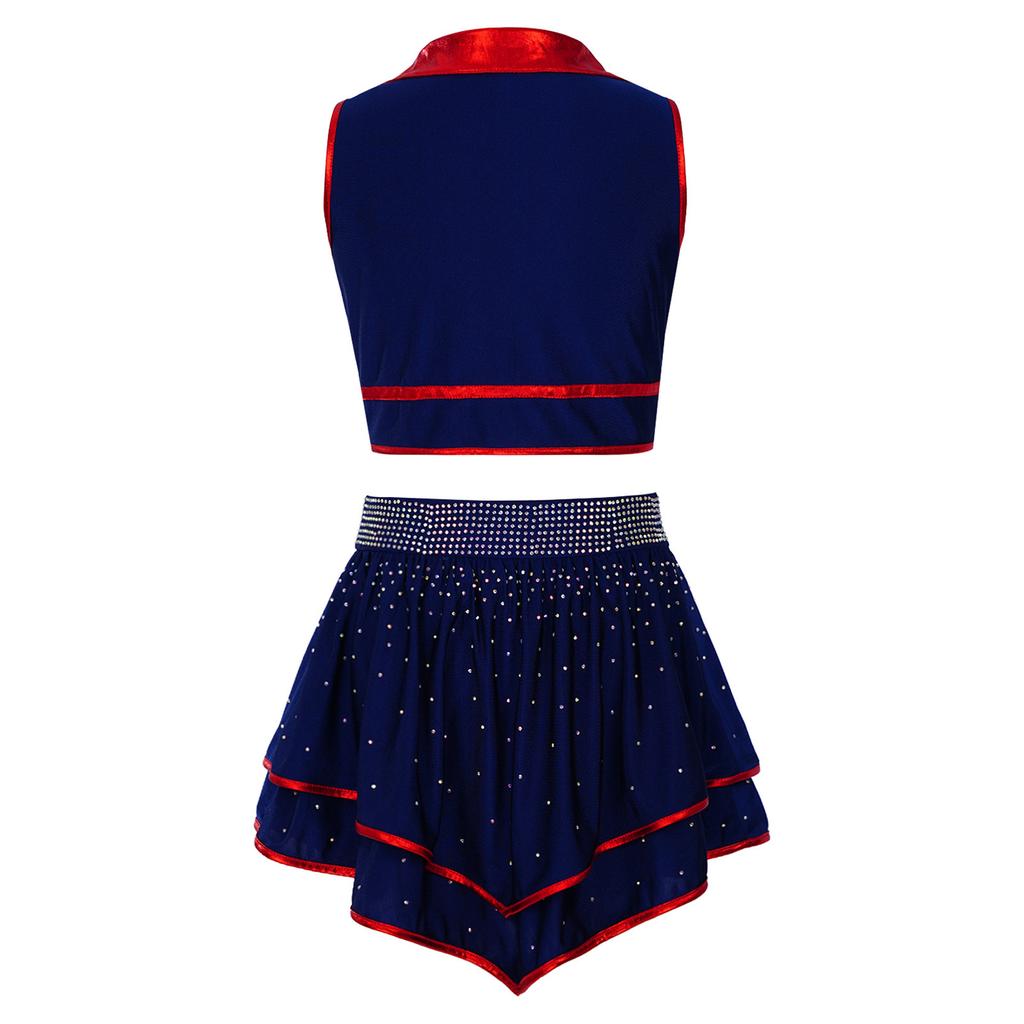 Kids Cheerleading Competition Wear V Neck Crop Top Rhinestone Trim Sleeveless with Built-in Shorts and Asymmetrical Ruffled Skirt