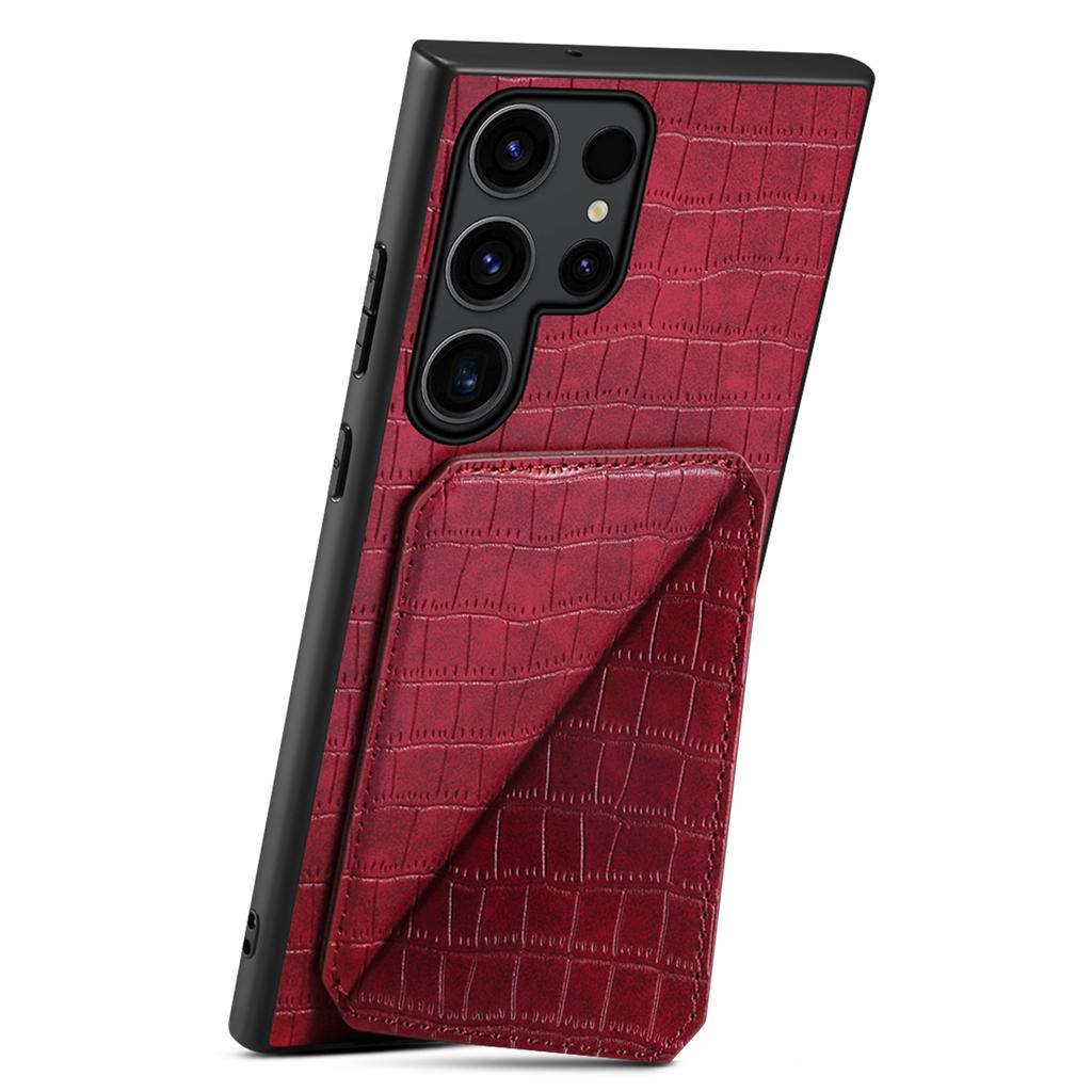 For Samsung Galaxy S25 Ultra Case with Card Holder Leather+PC+TPU Crocodile Textured Back Cover