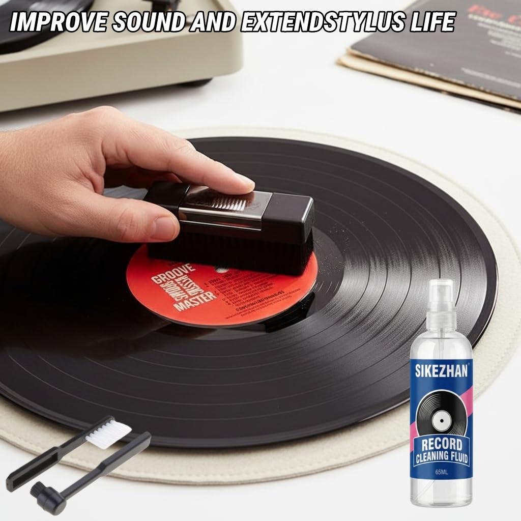 Record Cleaner Kit with 65ml Spray, Anti-Static Velvet Brush & Stylus Cleaning Tools for Safe Vinyl Turntable Use