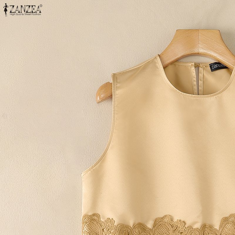 ZANZEA Women Casual Round Neck Lace Tassel Splice Loose Sleeveless Tank Tops