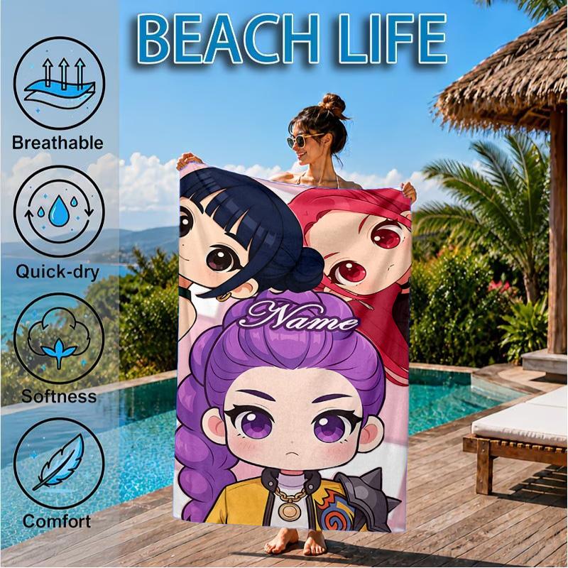 Custom Name KPop Cartoon Beach Towel Microfiber Beach Towel, Lightweight and Quick-Dry, for Summer Travel, Swimming Pool Gift