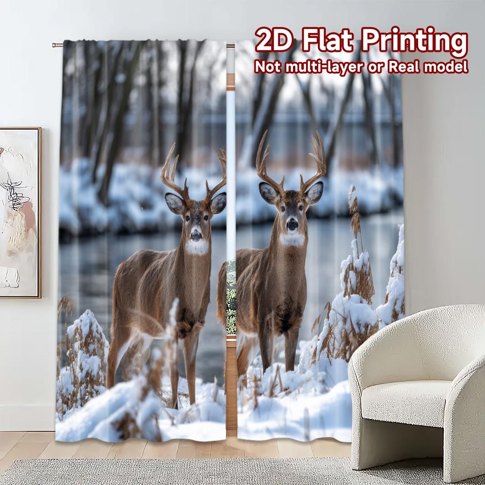2pcs, 2D FLAT PRINTING Curtains (Without Rod) Winter Stags Popular Contemporary Curtains 100% Polyester Curtains Gifts