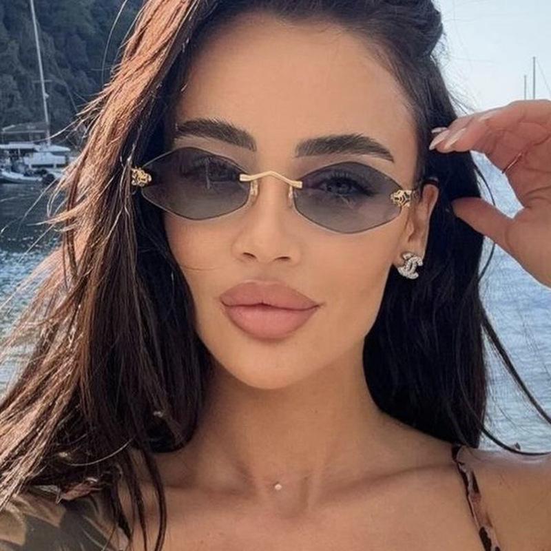Vintage Rimless Rhombus Sunglasses Women For Men Luxury Brand Designer Popular Punk Hip Hop Metal Leopard Head Sun Glasses UV400