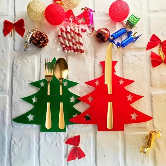 12Pcs Christmas Cutlery Set Christmas Tree Design Felt Washable Reusable Felt Knife Fork Cutlery Bag Holiday Table Decoration