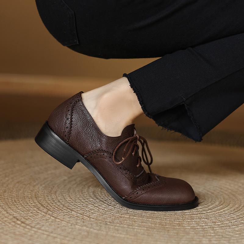 Krazing Pot Cow Skin Autumn Winter Brogues Shoes Lace Up Low Heels Size 42 Round Toe Oxford Shoes Carving Decoration Pumps