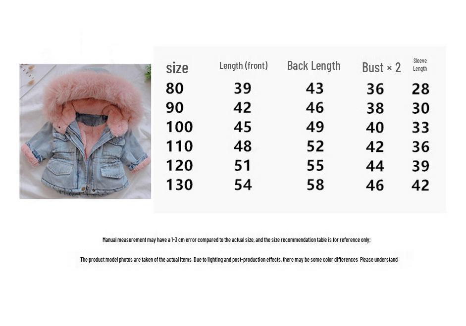 Korean Style Girls' Winter Denim Coat with Big Fur Collar and Velvet Lining