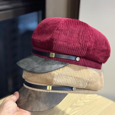 New Retro Pu Leather Stitching Wide Brim Octagonal Hat for Women Spring and Autumn Korean Version Casual Versatile Corduroy Painter Hat