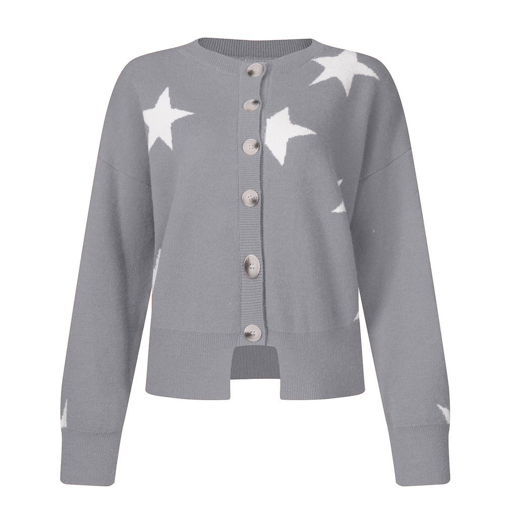 Women Retro Cashmer Knit Long Sleeve Single-breasted Star Sweater Cardigan Coats