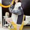Denim Patchwork Hooded Sweatshirt, Fake Two-Piece, Mid-Length Loose Fit, 2025 Korean Style, Plus Size Pullover Hoodie