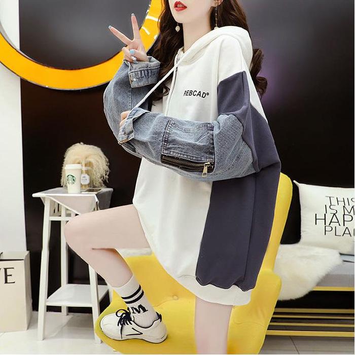 Denim Patchwork Hooded Sweatshirt, Fake Two-Piece, Mid-Length Loose Fit, 2025 Korean Style, Plus Size Pullover Hoodie