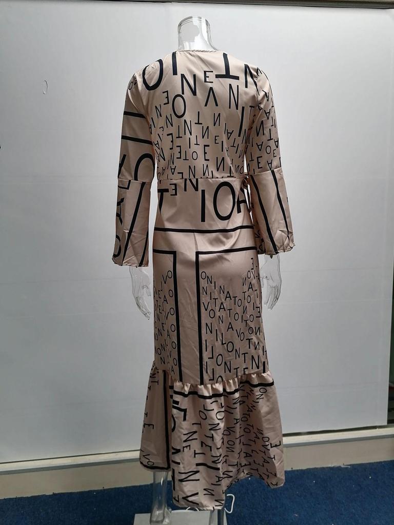 2025 European American V-Neck Tie-Up Long Sleeve Printed Dress for Autumn/Winter