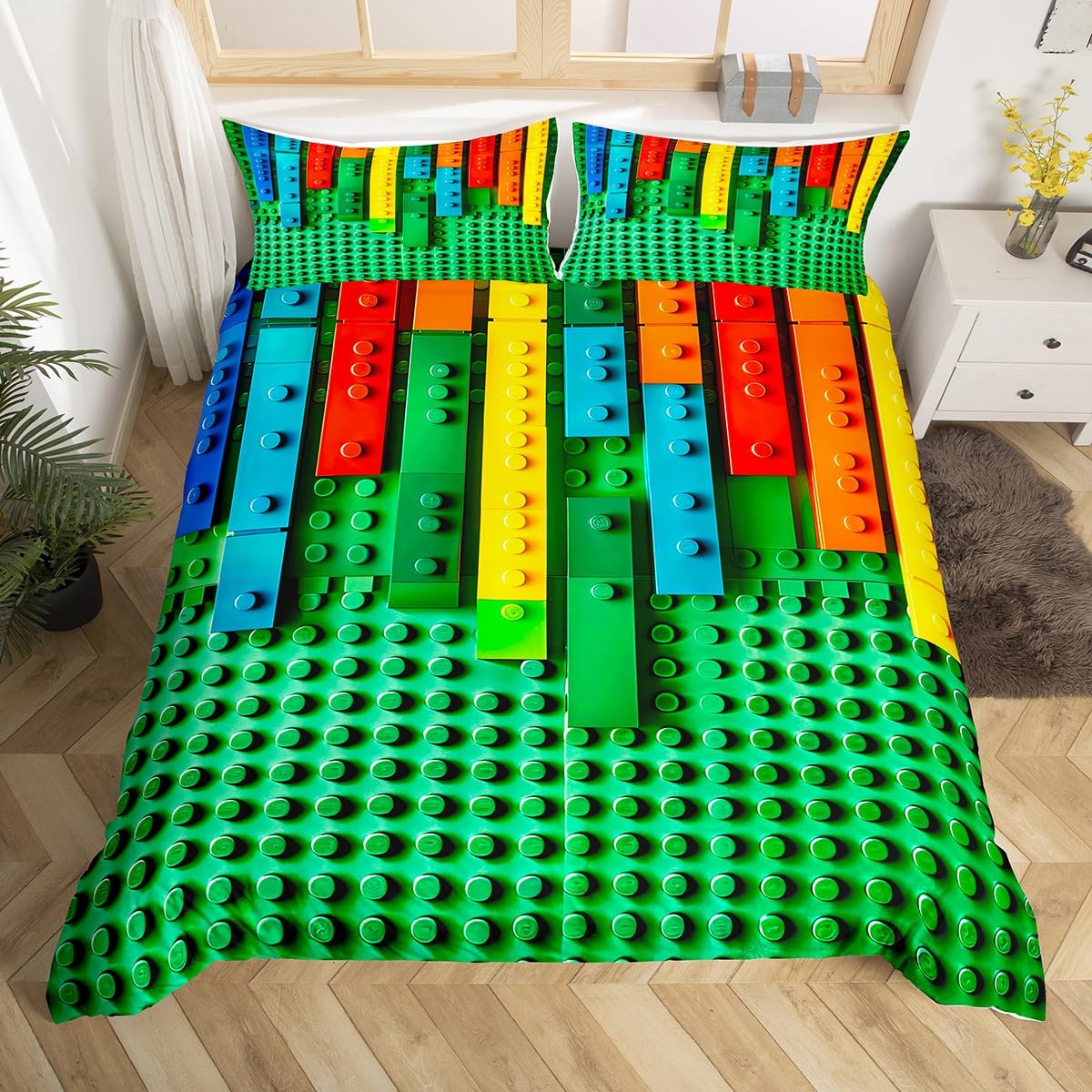 

Постільна білизна З днем ​​народження з 3D-блоками, підодіяльником Single Queen , барвистим будівельним матеріалом, з 2 наволочками EU Single(135x200cm)