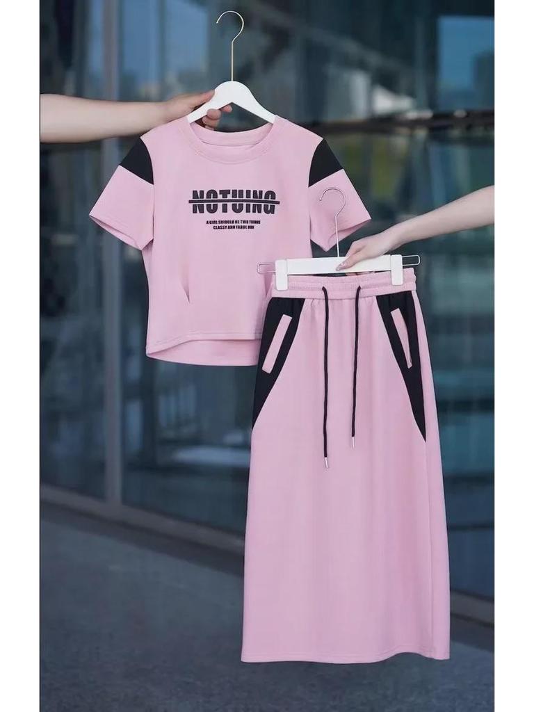 Damski Modny Letni Strój Casualowy: Zestaw dwuczęściowy: T-shirt z krótkim rękawem i spódnica midi