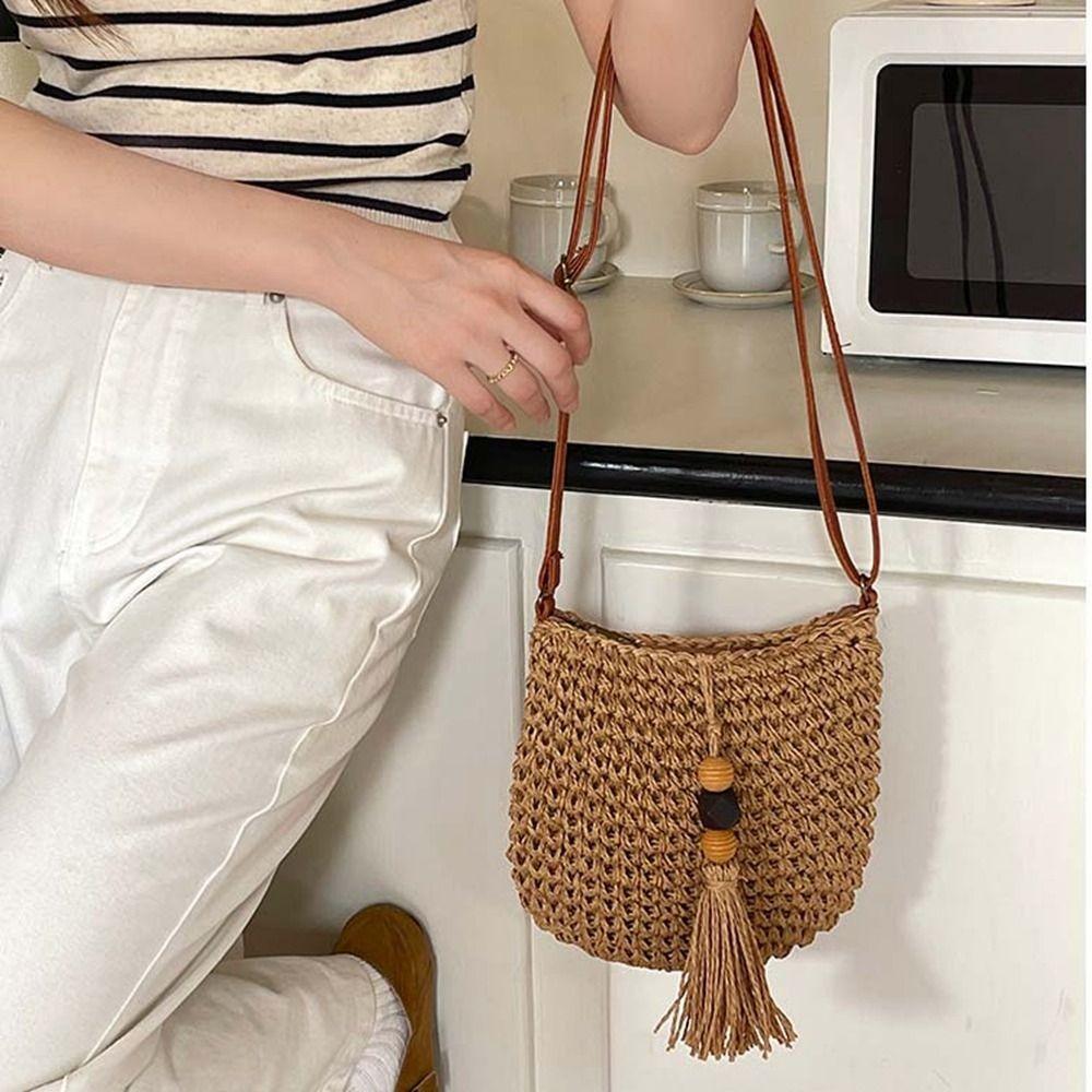Pu Leather Weave Straw Crossbody Bag Wood Bead Tassels Beach Bag Fashion Raffia Bag  Shopping