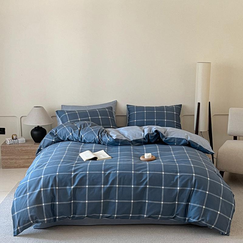 100% Cotton 3 Piece Bedding Set Soft Duvet Cover with 2 Pillowcases Solid Striped Checkered Print Skin Friendly