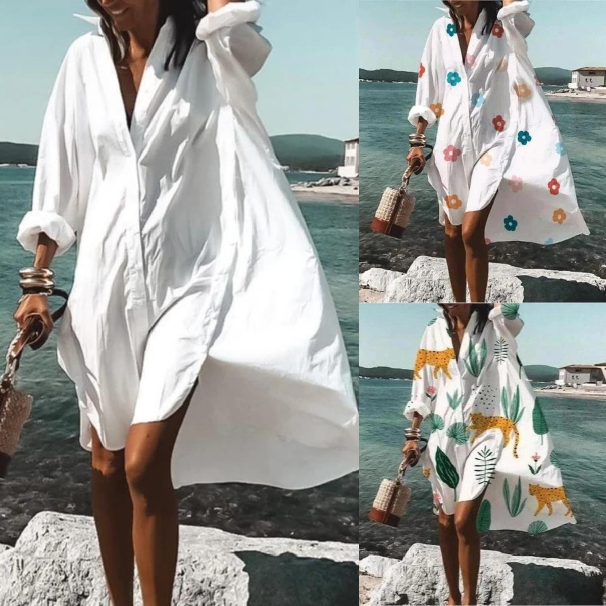 

Spring and Summer Fashion Women s Elegant Women s Loose Casual Shirt Dress White Print Lapel Single Breasted Dress