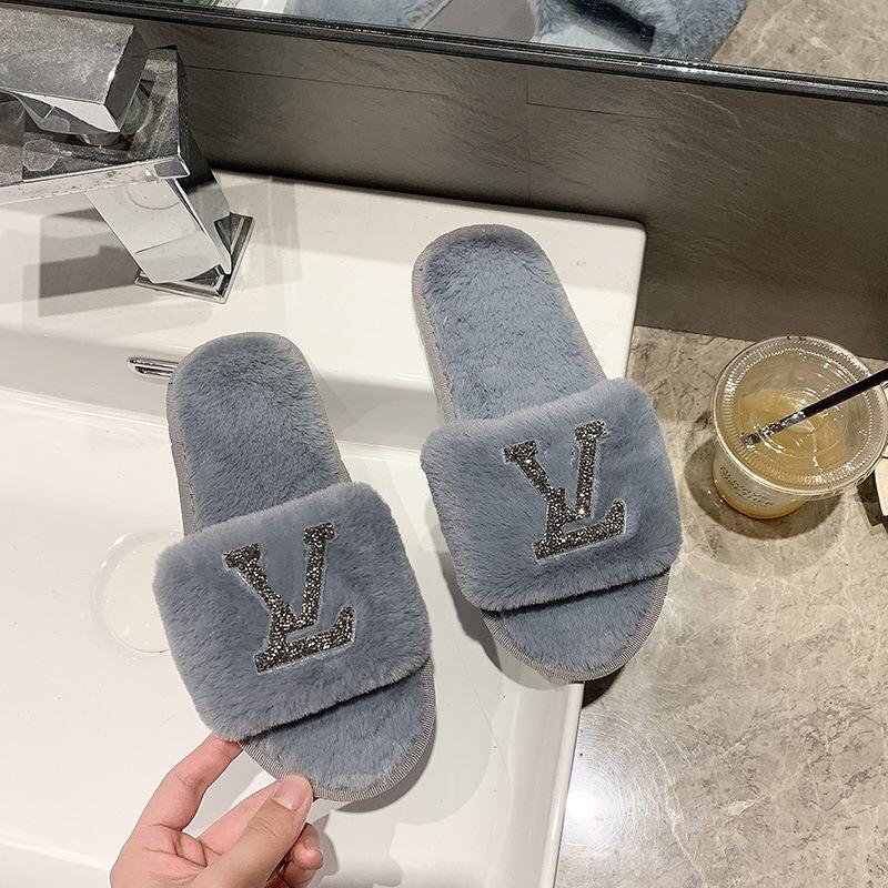 Large Size Fluffy Slippers Autumn and Winter New Home Flat Bottom Warm One-word Slippers Fashion Cotton Slippers