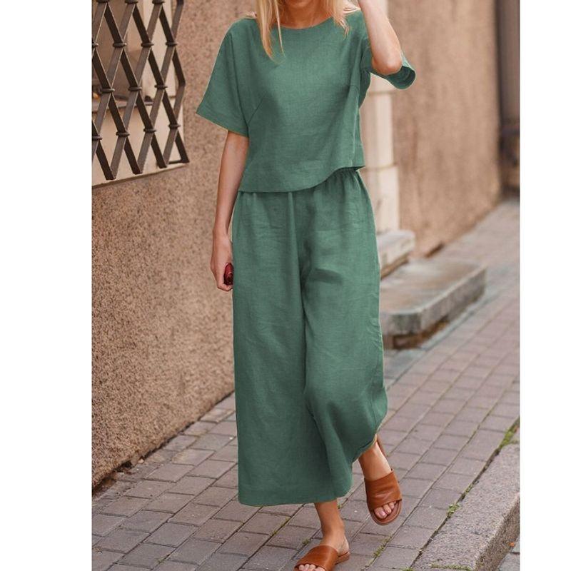 Summer New Ankle-Length Pants Casual Loose round Neck Short-Sleeved
