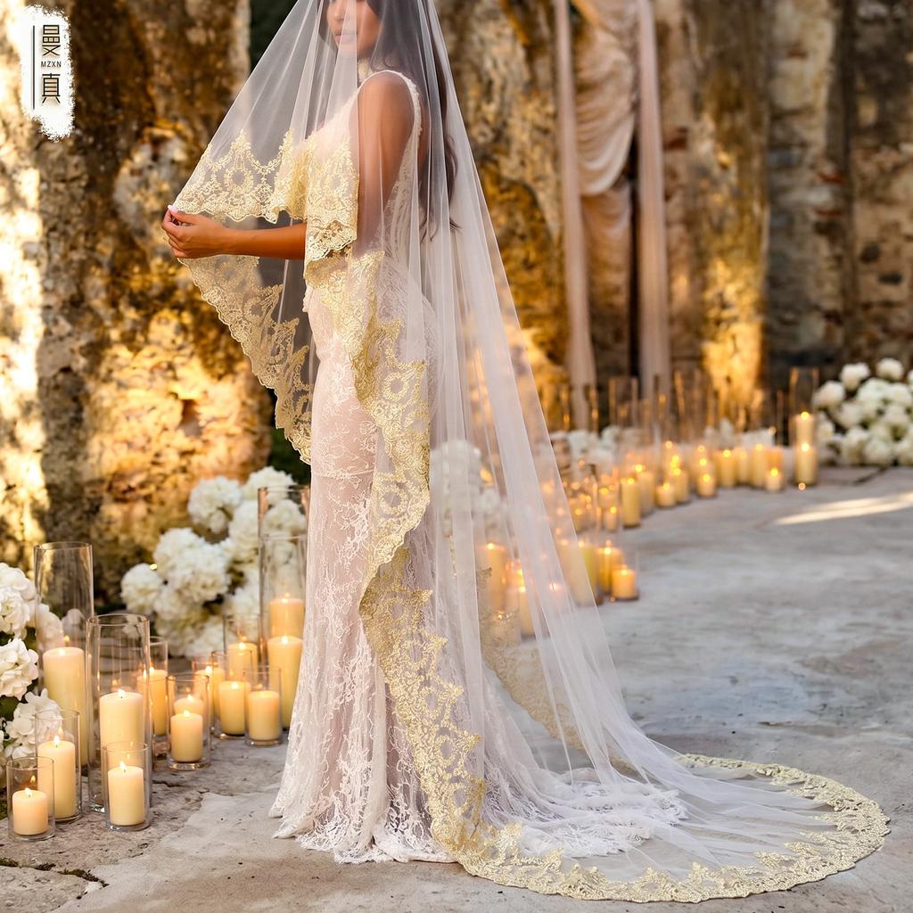 One Tier Cathedral Wedding Veil, White Tulle Bridal Veil with Golden Floral Lace Embroidery, 300cm Long Train Wedding Headwear for Bride