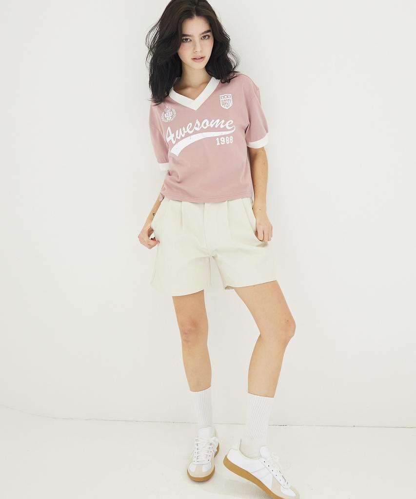 AWESOME STUDIO V-Neck Uniform Short Sleeve T-Shirt Indie Pink