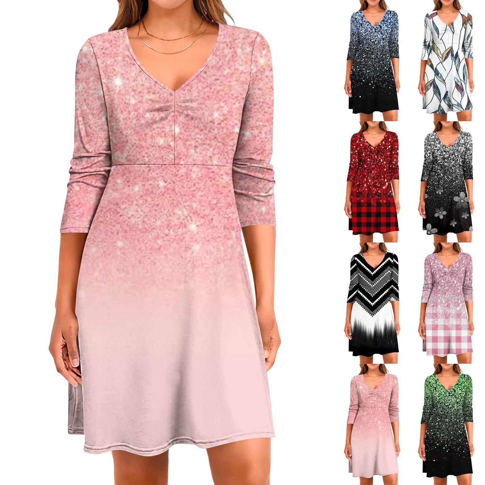 

Women s Casual Loose Comfortable Print V-Neck 3/4 Sleeve Dress S