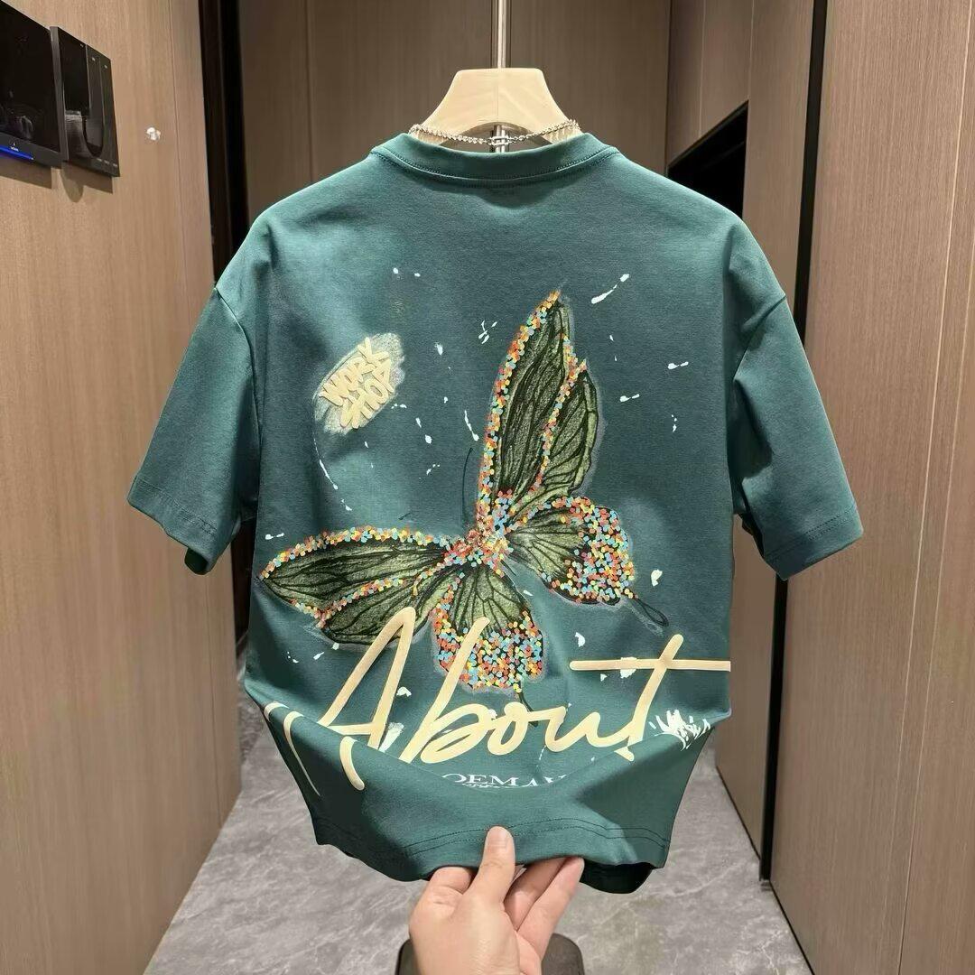 

Мужская хлопковая футболка с коротким рукавом с принтом бабочки 2024 S