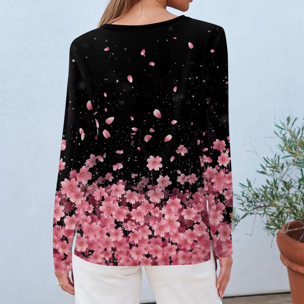 Dámský denní ležérní top s dlouhým rukávem a potiskem s kulatým výstřihem