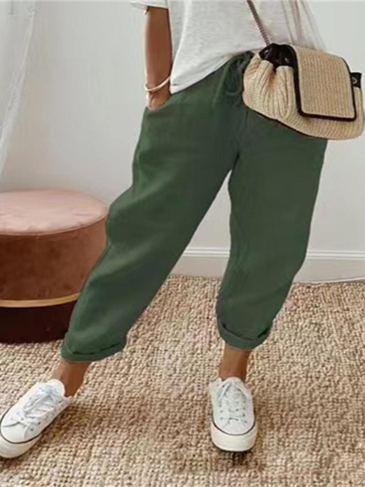 

Женские повседневные брюки из хлопка и льна с карманами, повседневные брюки со свободной талией для женщин M армия зеленый